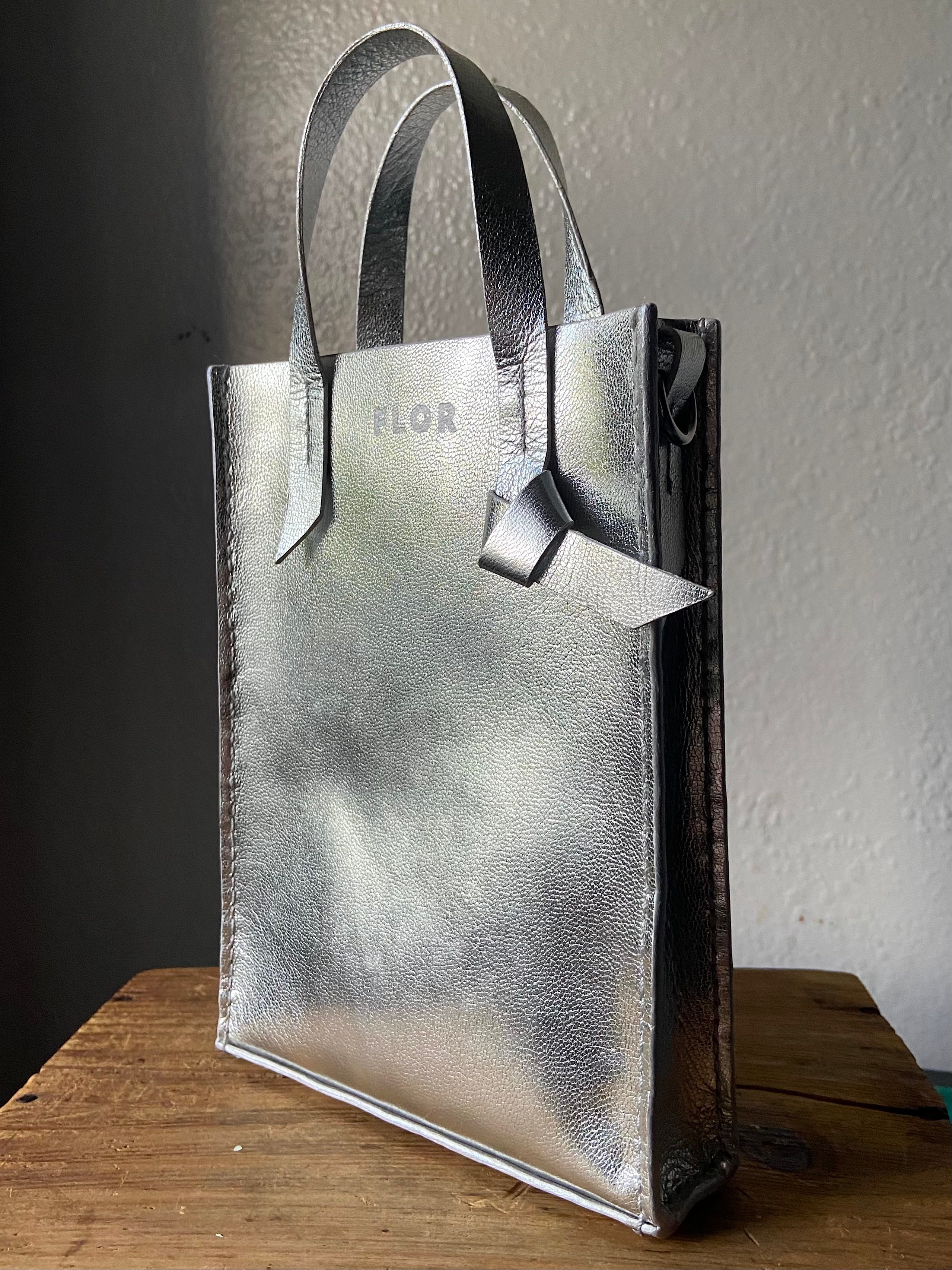 Mini Tie Tote in Metallic Silver